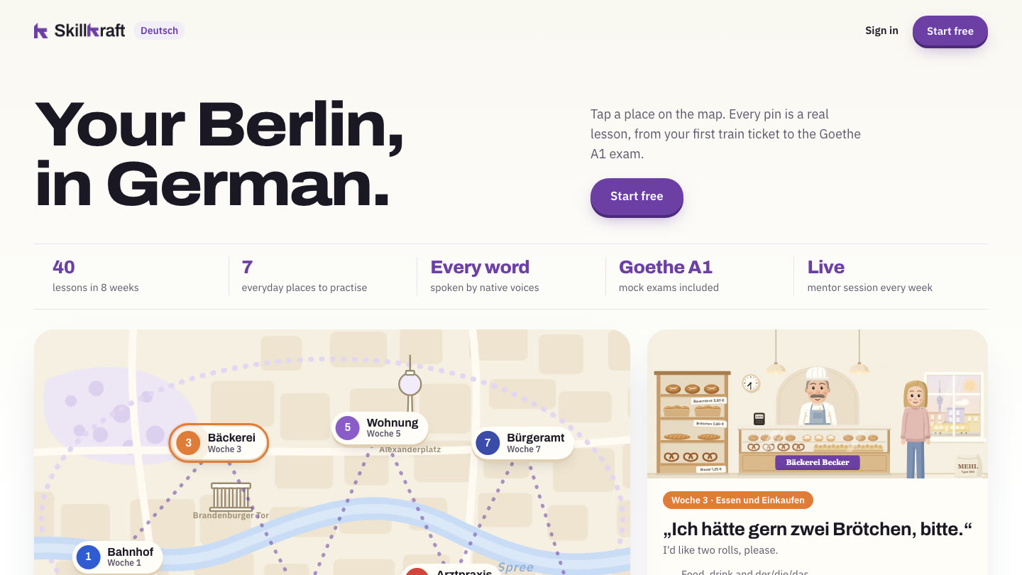 The Skillkraft Deutsch homepage: a map of Berlin where every pin is a German lesson