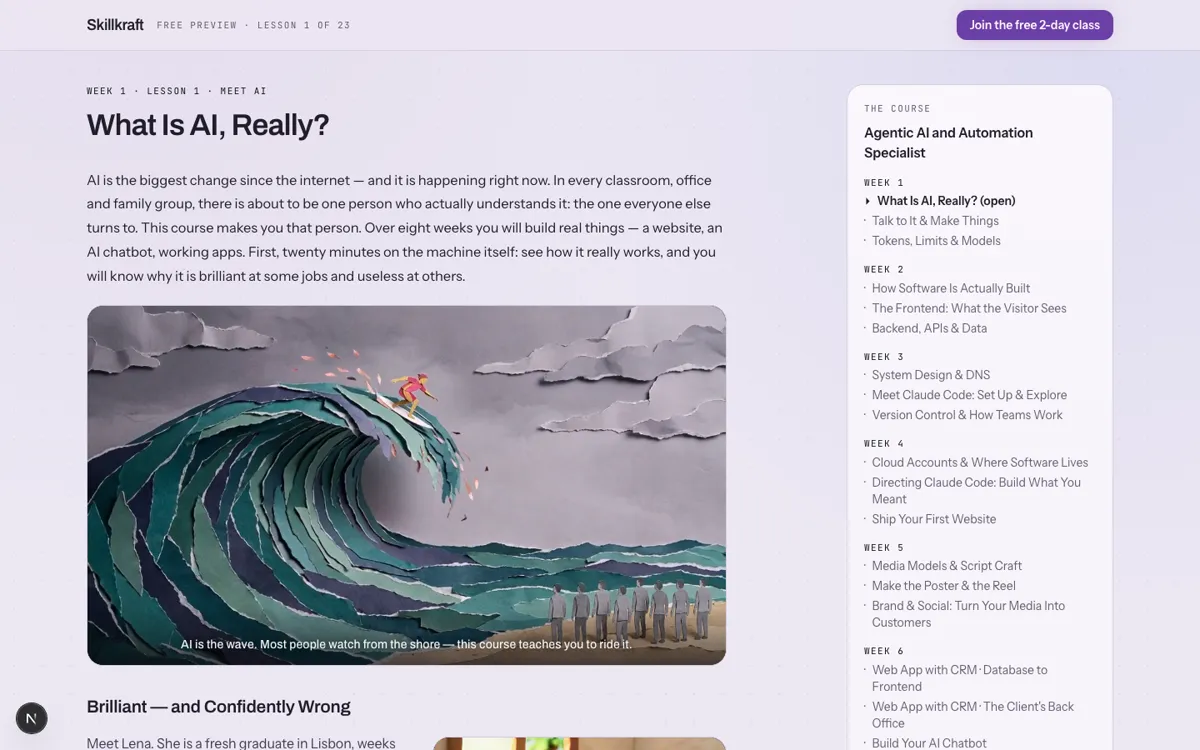 The Skillkraft AI lesson screen: lesson 1, What is AI, really?