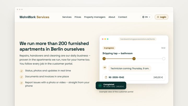 Startseite von WohnWork Services, daneben eine Beispielansicht des Kundenportals mit einem Reparaturauftrag