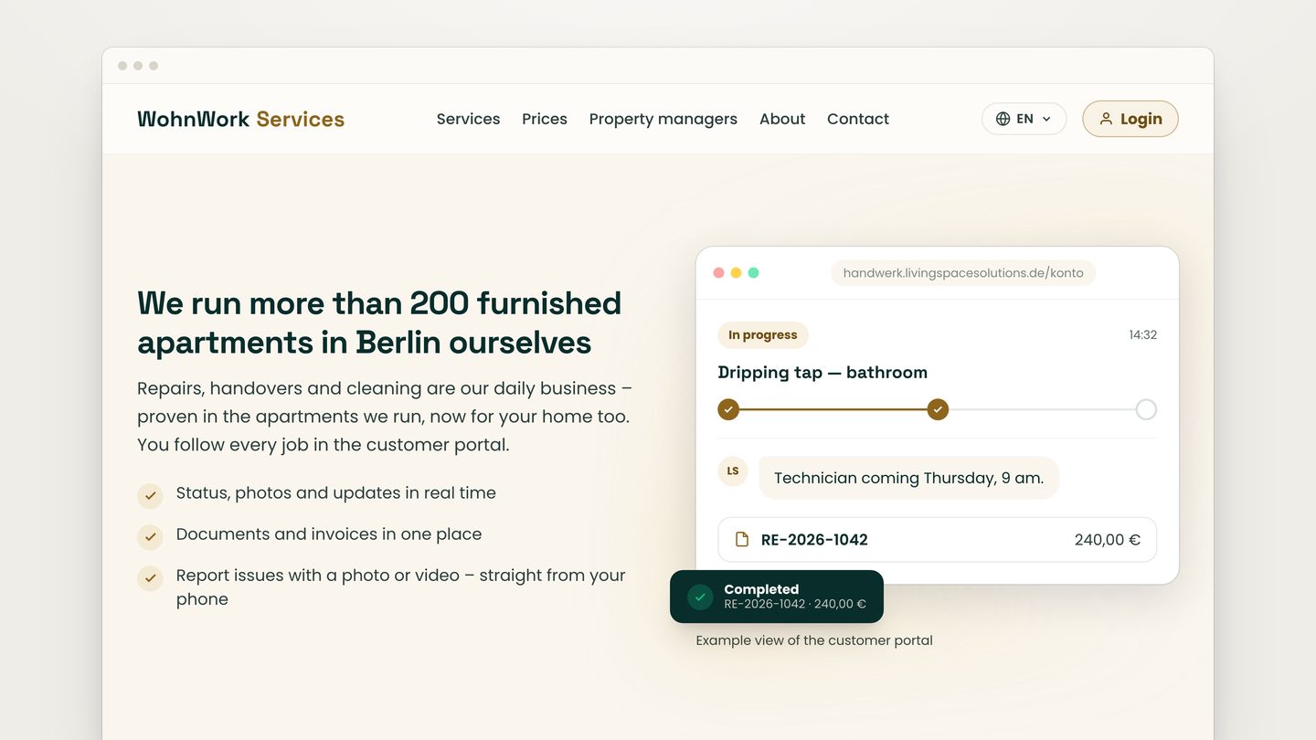 Englische Startseite von WohnWork Services mit der Beispielansicht des Kundenportals: ein Auftrag in Bearbeitung
