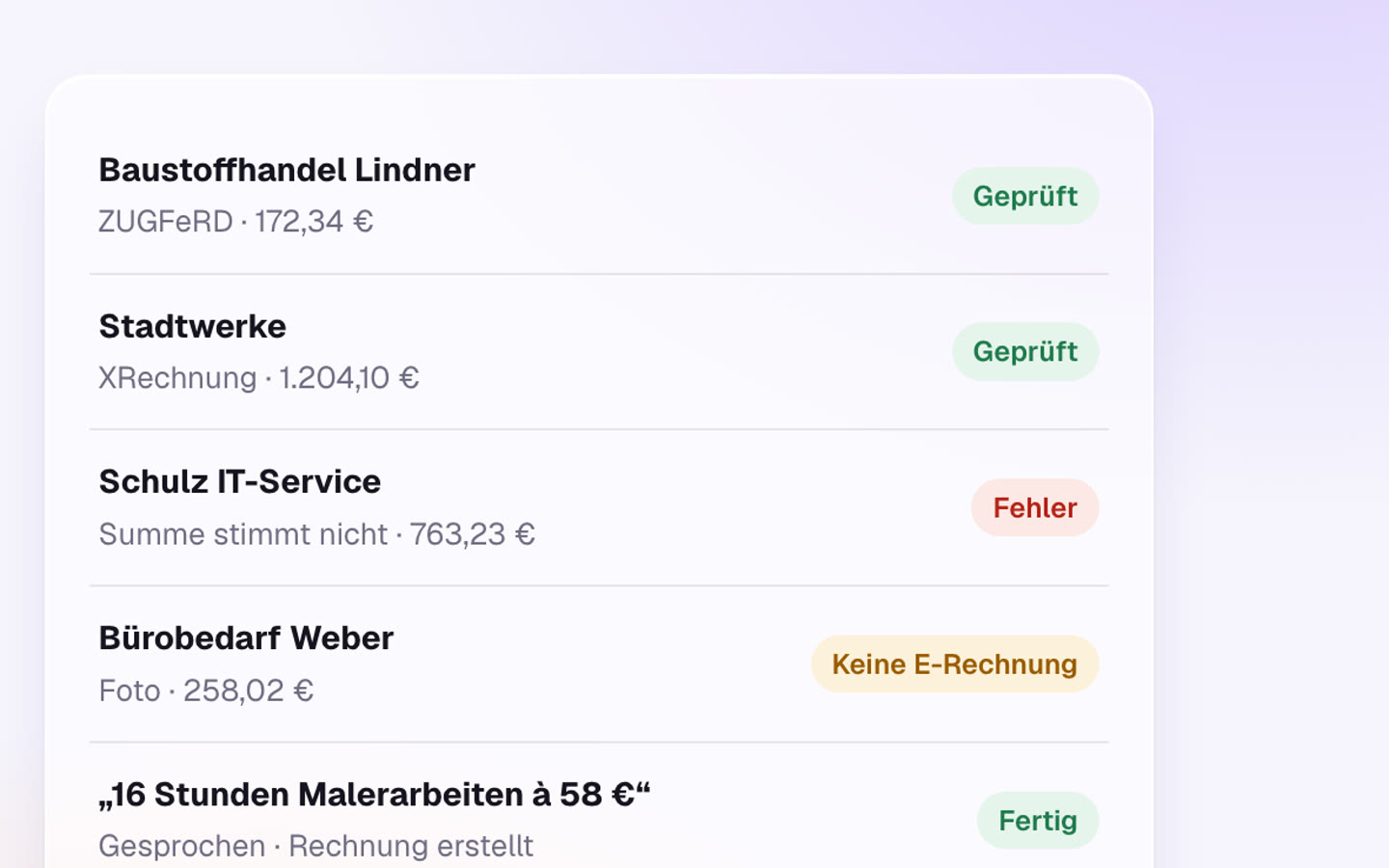 Checked invoices with their result: Geprüft, Fehler, Keine E-Rechnung, Fertig