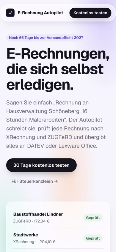 The E-Rechnung Autopilot homepage on a phone