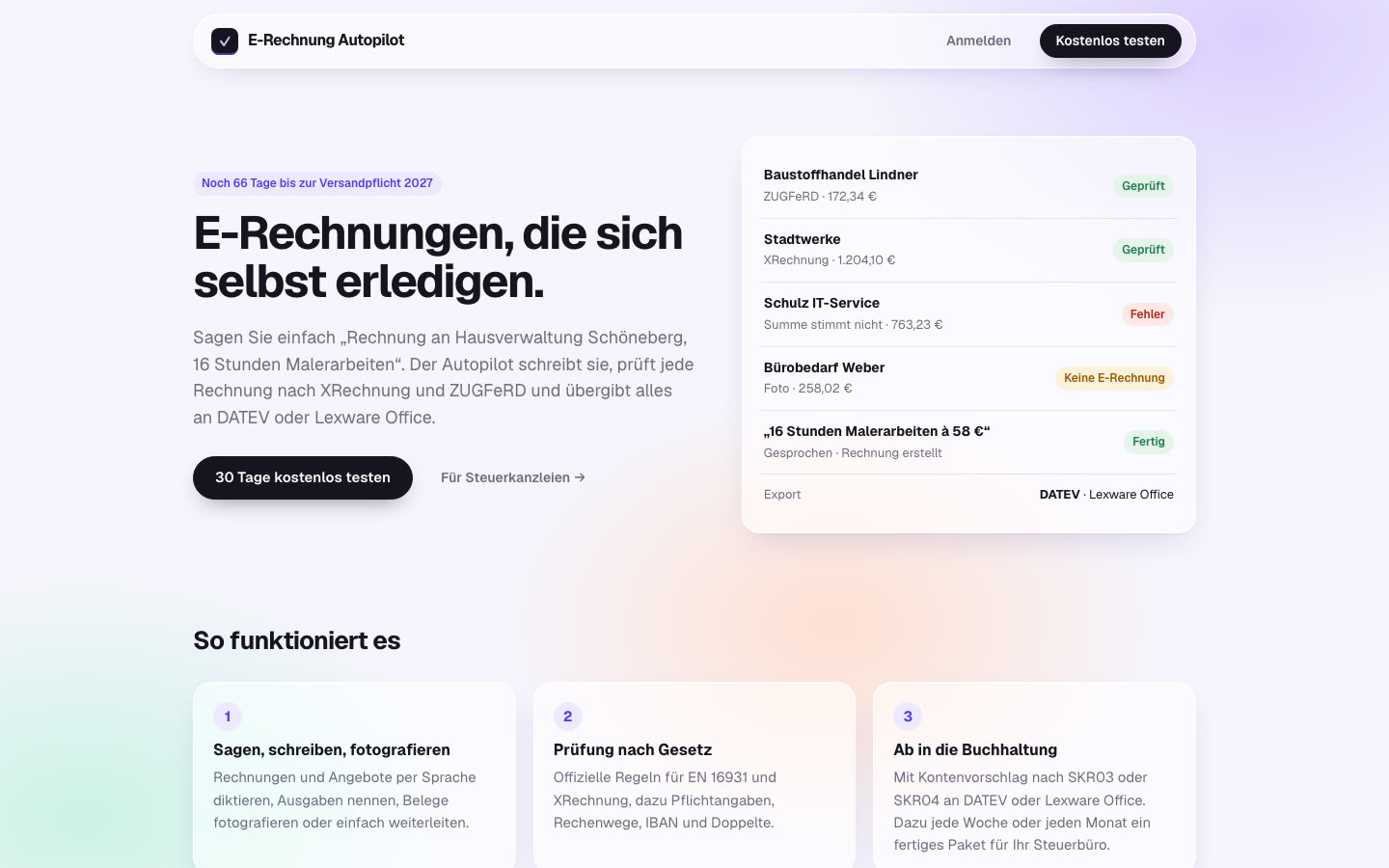 The E-Rechnung Autopilot homepage: E-Rechnungen, die sich selbst erledigen, beside a list of checked invoices