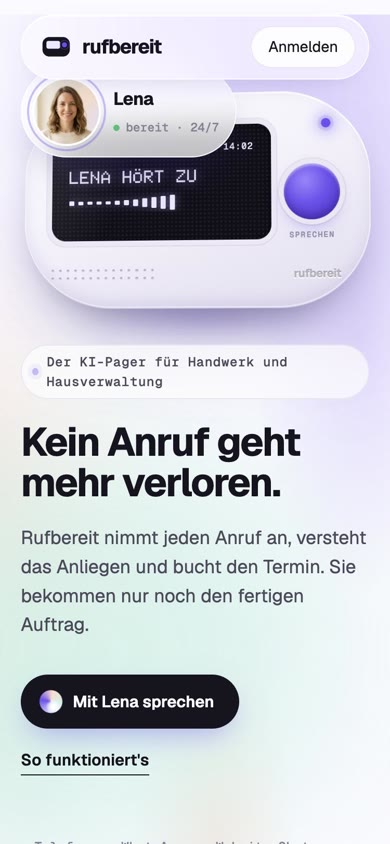 The Rufbereit homepage on a phone, with the pager and Lena