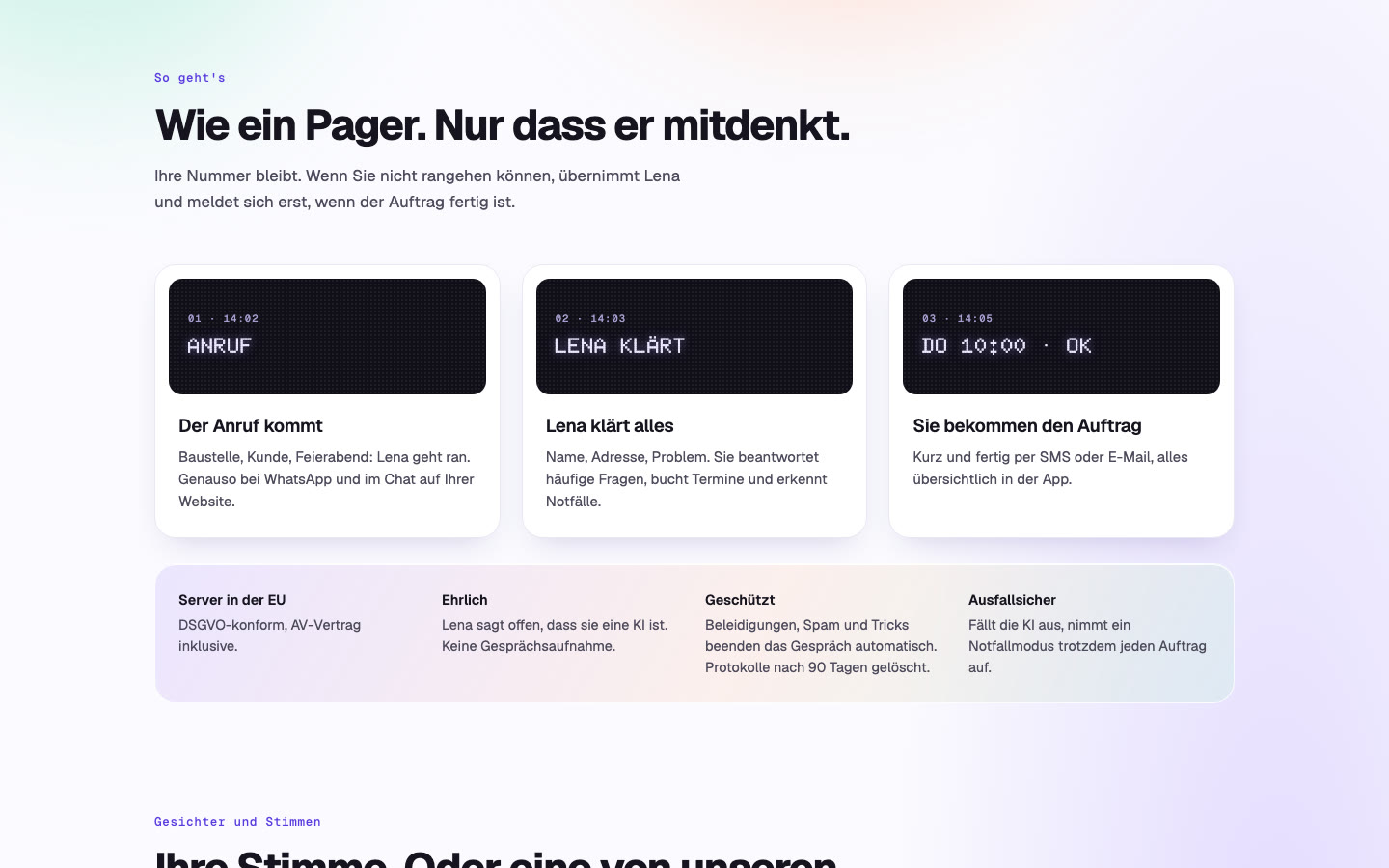 How it works: three pager screens, Anruf, Lena klärt, Do 10:00 OK