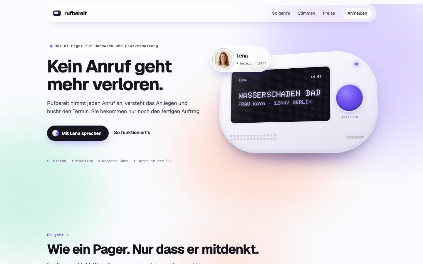 The Rufbereit homepage: an AI pager with Lena’s portrait and the button Mit Lena sprechen